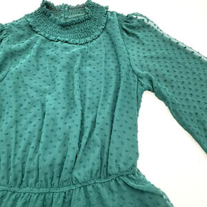 MIDNIGHT DOLL Medium Emerald Green Tiered Swiss‎ Dot Bishop Sleeve Vintage Dress